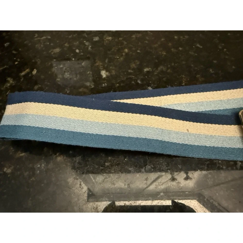 Authentic Pom Pom London‎ Crossbody Bag Purse Strap Blue Tan Stripe 2